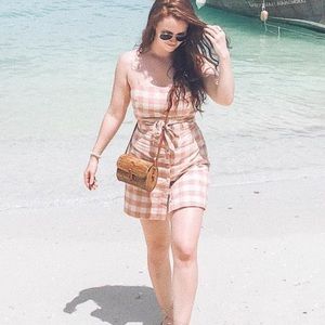 pink gingham open front mini dress